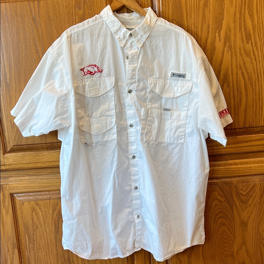 Arkansas Razorback Columbia White Short-Sleeve Button-Down Shirt with Red Logos